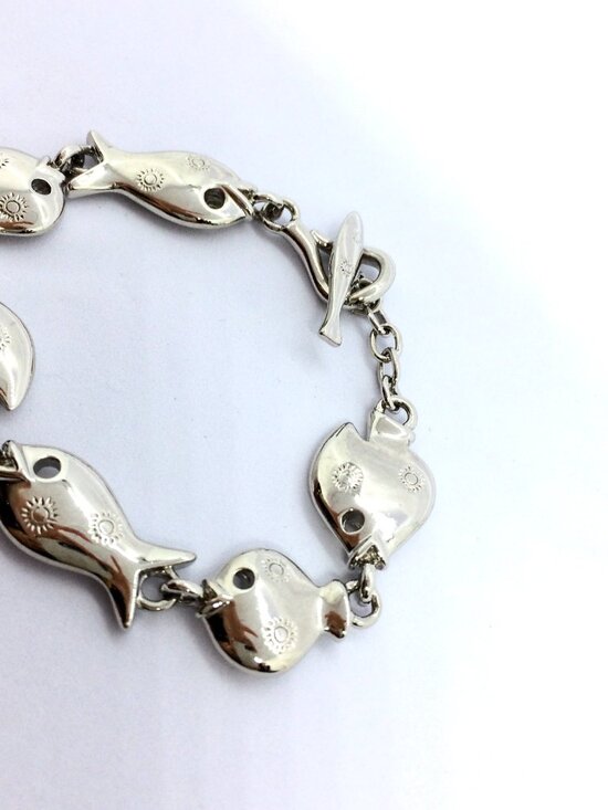 VINTAGE TRIFAFI FISH Bracelet Silver Tone Link Nautical Toggle Statement - Picture 6 of 15